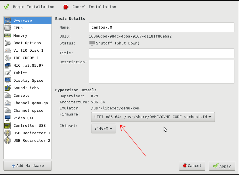 Enable UEFI for QEMU KVM on CentOS 7